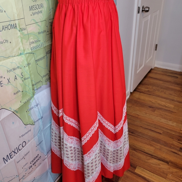 Vintage 1970s Carefree Fashions Red Lace Trim Maxi Skirt - Picture 6 of 16